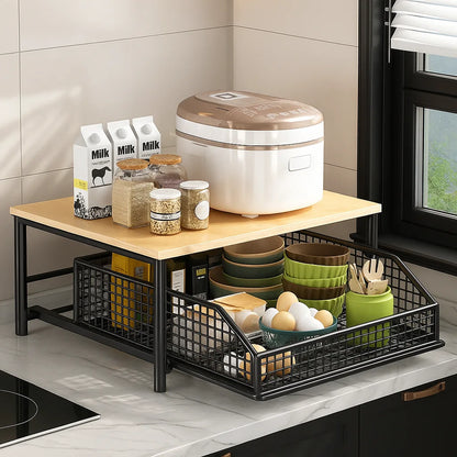 WoodyDraw Kitchen Countertop Organizer with Pull-Out Drawer Light Brown