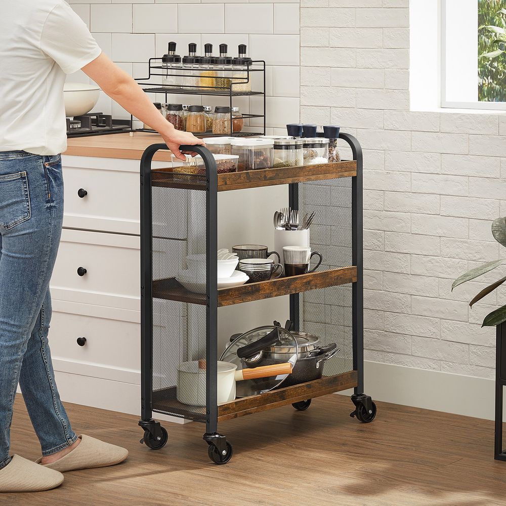 3-Tier Slim Rolling Kitchen Storage Cart with Casters Rustic Brown