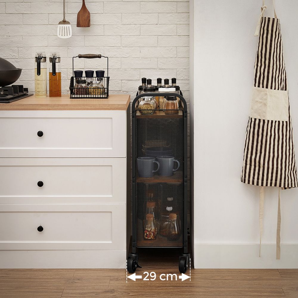 3-Tier Slim Rolling Kitchen Storage Cart with Casters Rustic Brown