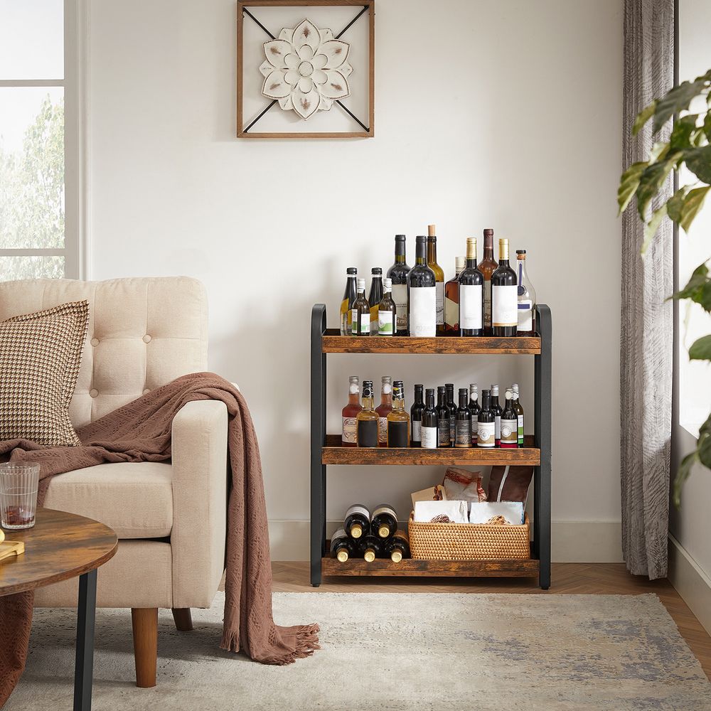 3-Tier Slim Rolling Kitchen Storage Cart with Casters Rustic Brown