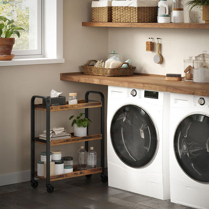 3-Tier Slim Rolling Kitchen Storage Cart with Casters Rustic Brown