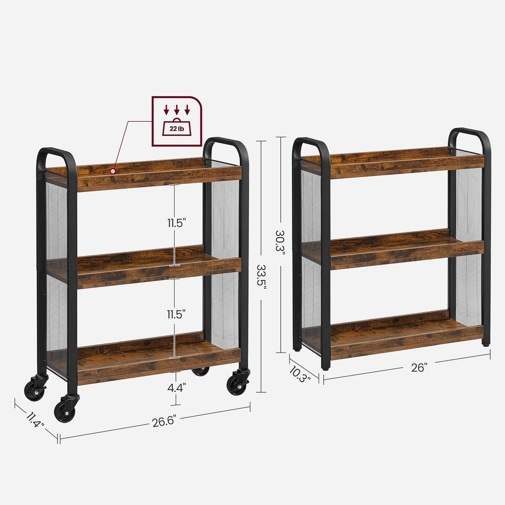 3-Tier Slim Rolling Kitchen Storage Cart with Casters Rustic Brown