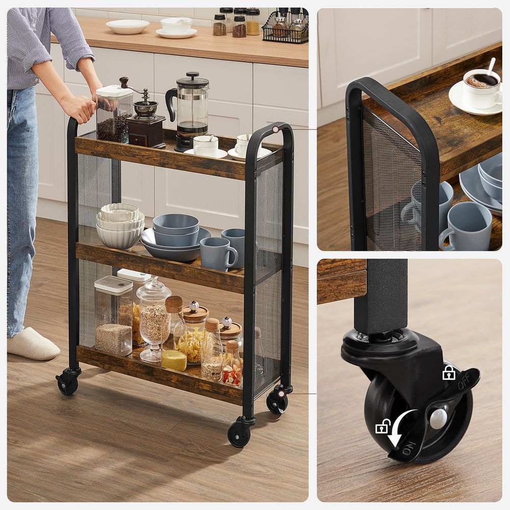 3-Tier Slim Rolling Kitchen Storage Cart with Casters Rustic Brown