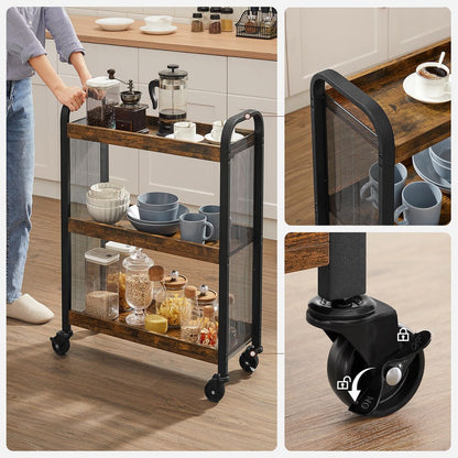 3-Tier Slim Rolling Kitchen Storage Cart with Casters Rustic Brown