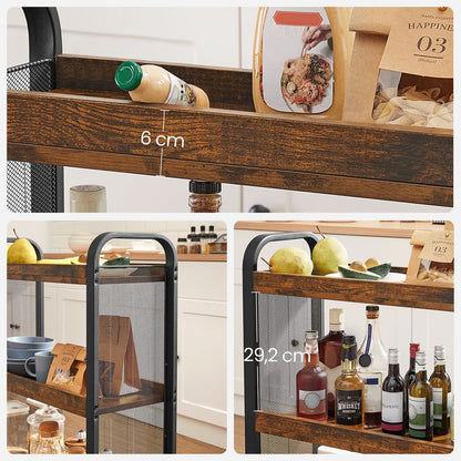 3-Tier Slim Rolling Kitchen Storage Cart with Casters Rustic Brown